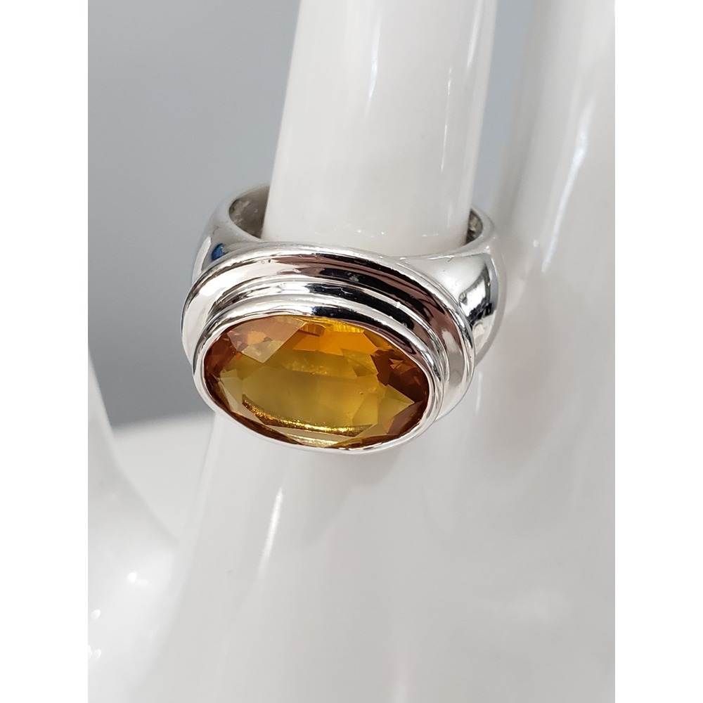 Vintage SZ 9 Mens Womens Cocktail Statement Amber MCM Art Deco Ring Oval Silver